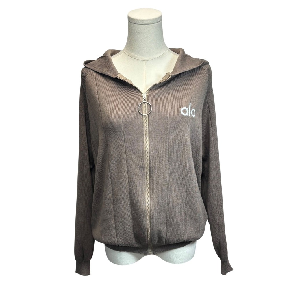 Alo Yoga Ribbed Zip Up Hoodie Women L Taupe Brown Full Zip Athleisure Yoga Core - Picture 2 of 8